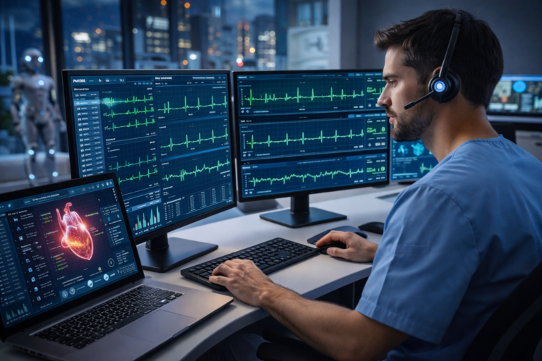 A cardiac rhythm analysis technician monitoring ECG waveforms on multiple digital screens in a remote healthcare setting in 2026.