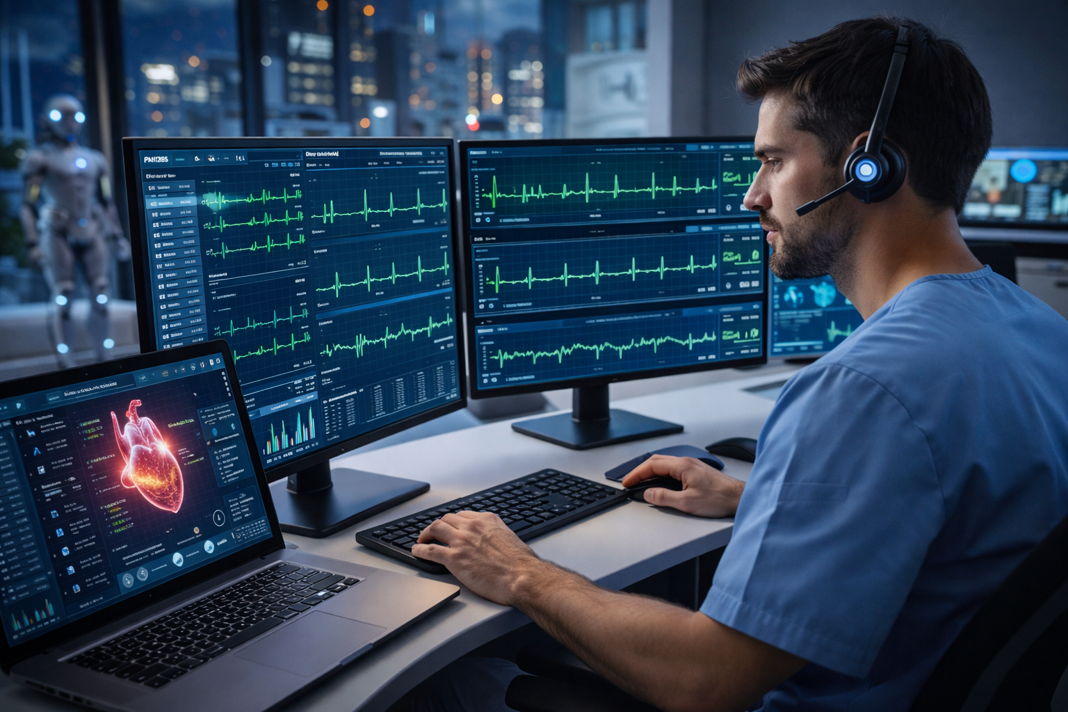 A cardiac rhythm analysis technician monitoring ECG waveforms on multiple digital screens in a remote healthcare setting in 2026.